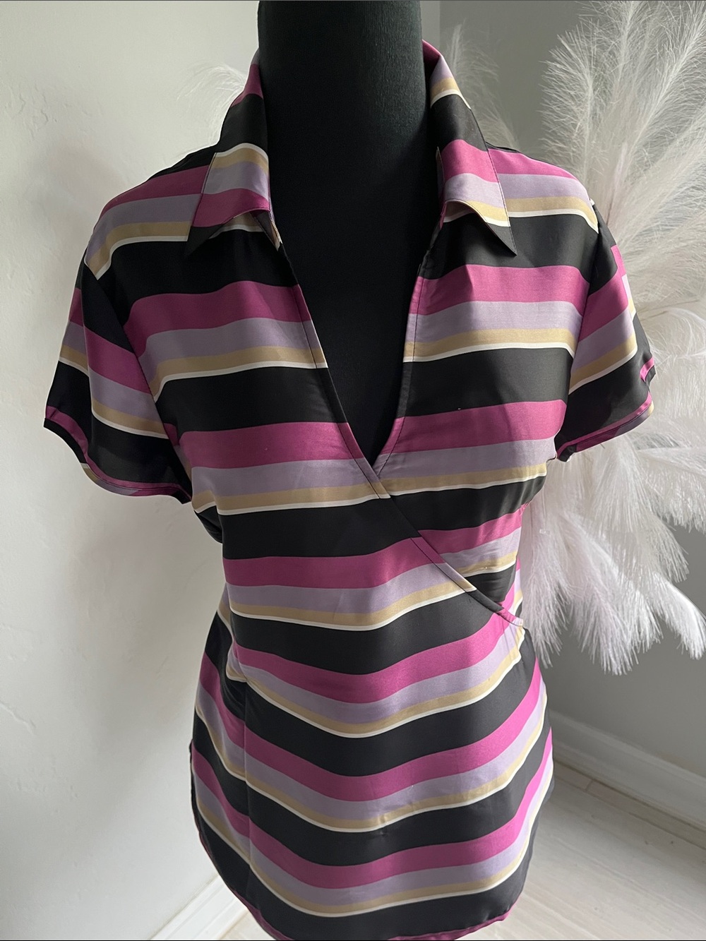 Emma James Black, Pink, Lavender & Gold Striped Wrap Blouse